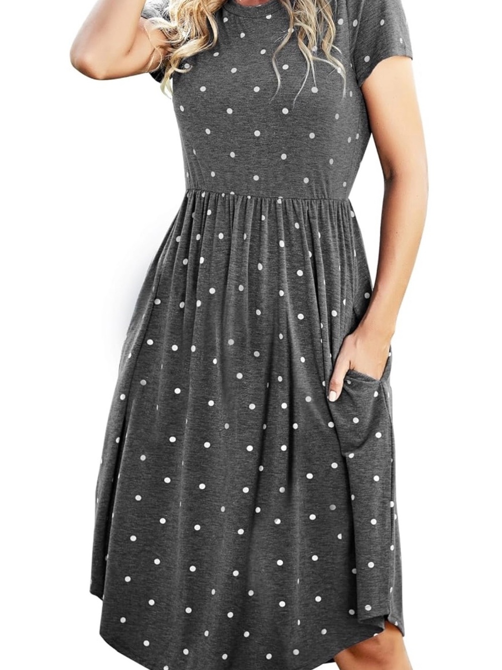 NWT Women’s Short Sleeve Gray Polka Dot Midi Dress with Pockets - XL